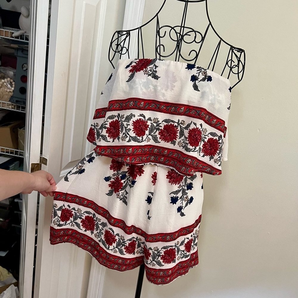 Floral Strapless Jumpsuit - Red and White